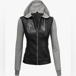 Women's Black Faux Leather Hoodie Jacket with Gray Knit Sleeves